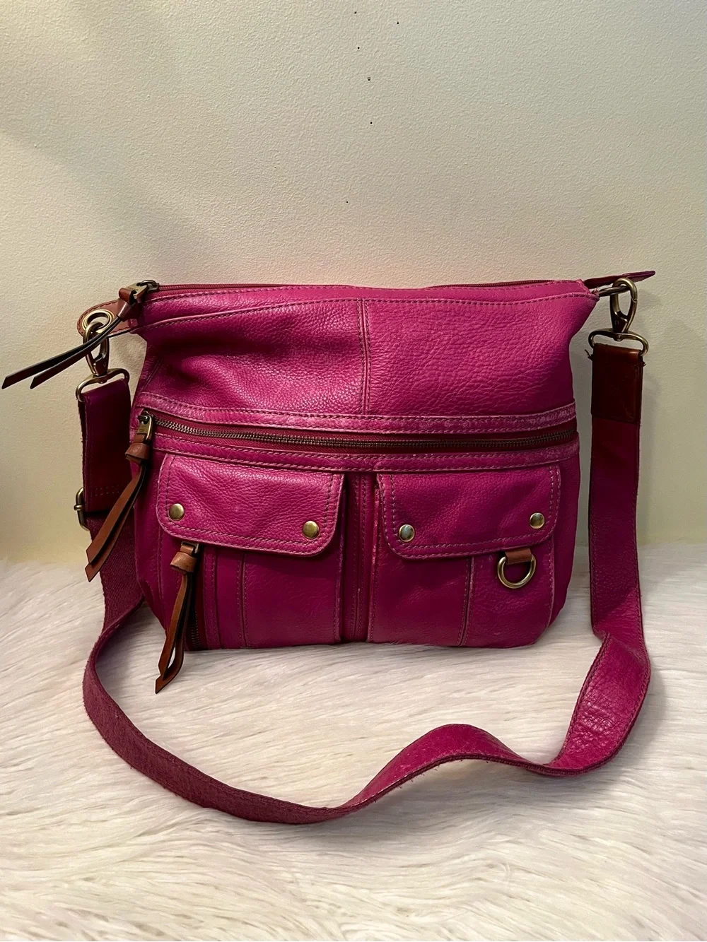 Vintage Fossil Magenta Leather Satchel Bag